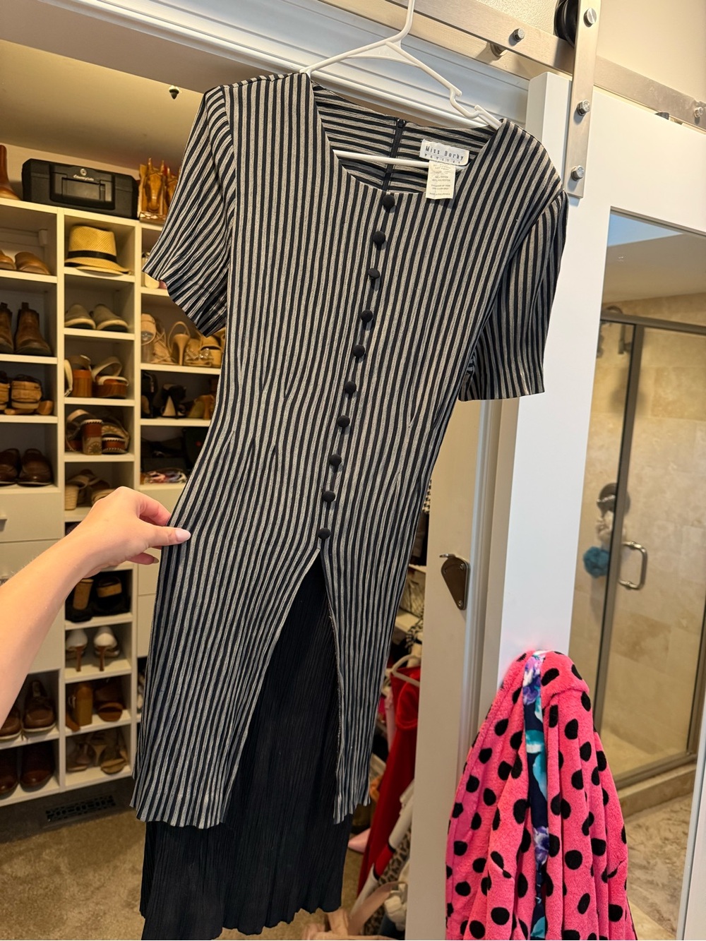 Vintage Striped Mini Dress with Front Button Detail - Black/White